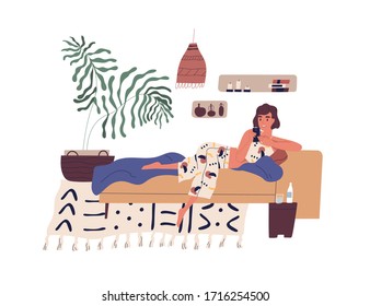 Happy woman lying in bed and surfing internet. Girl spending time at home, chatting in social network or messenger. Stay home concept. Freelancer lifestyle. Vector illustration in flat cartoon style