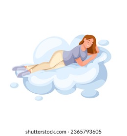 Happy woman lying on comfy cloud to sleep and relax vector illustration. Cartoon isolated girl relaxing alone in summer sky, calm peaceful relax and healthy serene nap time of female character