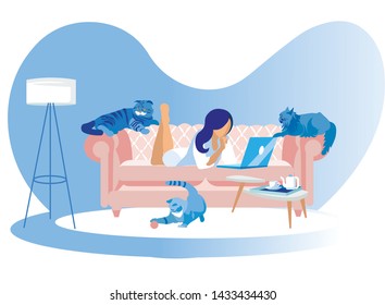 Happy Woman Lying on Couch with Laptop Surrounded with Cats. Girl Character Spend Time at Home with Domestic Animals, Leisure, Lifestyle, Sparetime with Little Friends Cartoon Flat Vector Illustration