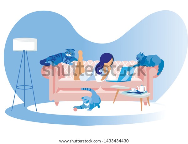 Happy Woman Lying on Couch with Laptop\
Surrounded with Cats. Girl Character Spend Time at Home with\
Domestic Animals, Leisure, Lifestyle, Sparetime with Little Friends\
Cartoon Flat Vector\
Illustration