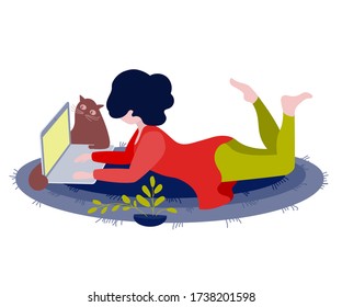 Happy woman lying on the mat at home with laptop and cat. Womens freelance. Concept illustration for working, studying, education, work from home, healthy lifestyle. coronavirus, self-isolation.