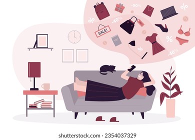 Happy woman lying on sofa in living room and using smart phone for shopping. Online clothing and accessories shop, fashionable girl makes remote purchases in internet store. E-commerce. flat vector