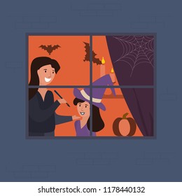 Happy woman makes halloween party makeup for her daughter. Girl wears witch costume. Seen through the window. Preparing for Halloween. Vector illustration. 