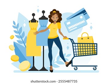 A happy woman makes purchases with the help of cards, rolls a shopping cart. The concept of an online clothing store. Profitable purchases and high-quality marketing. Flat vector illustration in carto