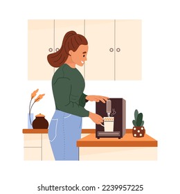 Happy woman making coffee with machine in kitchen at home. Pretty girl pouring hot beverage for breakfast. Daily morning routine. Flat vector illustration isolated on white background