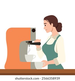 Happy woman making coffee with machine in kitchen at home. Flat vector illustration isolated on white background