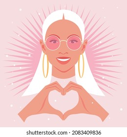 Happy woman making a heart with her hands. Portrait of a blond fashion model. Love gesture. Avatar of a smiling teenager Vector flat illustration.