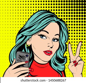 Happy woman making selfie portrait and showing v-sign. Lady doing selfie by smart phone standing on yellow background. Retro Comic Book style cartoon, Classic Pop Art colored drawing, vintage vector 