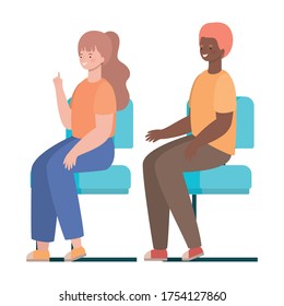 happy woman and man cartoon sitting on seats design, Girl boy female male person people human and social media theme Vector illustration