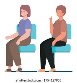 happy woman and man cartoon sitting on seats design, Girl boy female male person people human and social media theme Vector illustration