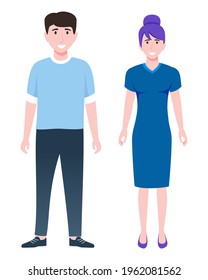 Happy woman and man  characters standing wearing beautiful outfits isolated and posing
