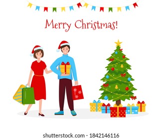 Happy woman and man with christmas gifts near christmas tree. Vector illustration on white background.