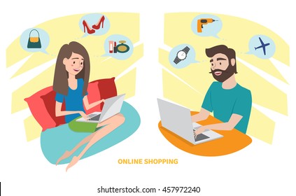 Happy woman and happy man doing online shopping at home. Vector illustration