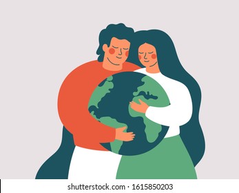 Happy woman and man embrace the green planet Earth with love and care. Vector illustration of Earth day and saving planet. Environment conservation and energy saving concept.