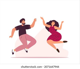 Happy Woman and Man Jumping on White Background. Young Joyful Characters Jump or Dancing with Raised Hands. Happiness, Freedom, Motion and Motivational Concept. Cartoon People Vector Illustration