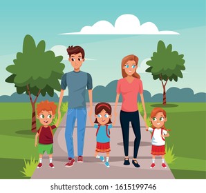 happy woman and man with kids walking in the park, colorful design, vector illustration