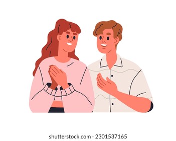 Happy woman and man in love. Romantic couple talking, smiling. Girlfriend and boyfriend, sweet communication. Smiling valentines. Flat graphic vector illustration isolated on white background