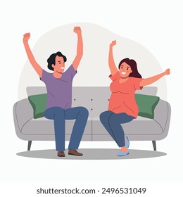 Happy woman and man with raised hands on the sofa. Flat style cartoon vector illustration. 