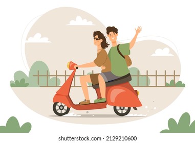 Happy woman and man ride on vintage red scooter. Young people enjoy trip. Vector flat illustration