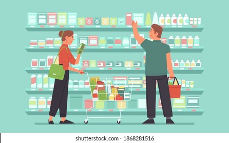 Happy woman and man, shoppers in a grocery market are choosing food on the shelves. Supermarket customers. Vector illustration in flat style