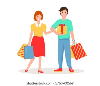 Happy woman and man with shopping bags. Shopping concept. Vector illustration on white background.