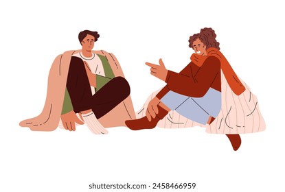 Happy woman and man sitting under the blanket and talking vector flat illustration. Cozy mood, friends enjoying conversations. Cartoon cute couple relaxing and speaking isolated on white