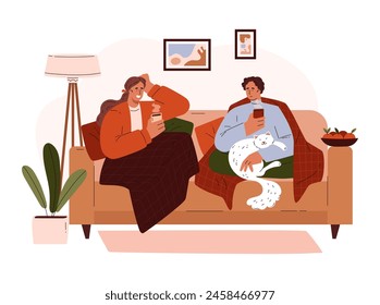 Happy woman and man sitting under the blanket on the sofa, drinking hot drink and talking vector flat illustration. Cozy mood with pet, enjoying conversations. Cartoon couple relaxing and speaking