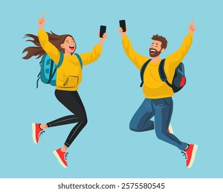 Happy woman and man with smartphones and backpacks. Tourists people jumping for joy. Vector illustration on blue background.