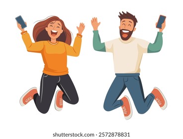 Happy woman and man with smartphones in their hands. Cheerful people jumping for joy. Vector illustration on white background.
