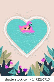 happy woman and man spend time in a pool in the shape of a heart surrounded by tropical plants. Honeymoon couple