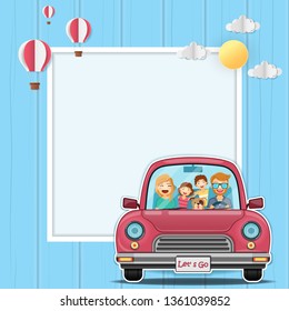 happy woman and man traveler and dog on red beetle car with check in point travel around the world concept on wood blue background Design. content paper art, vector, banner, Card, Poster,