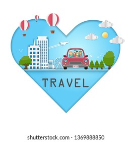 happy woman and man traveler and dog on red car with check in point travel around the world concept on blue heart background Design. content paper art, vector, banner, Card, Poster,