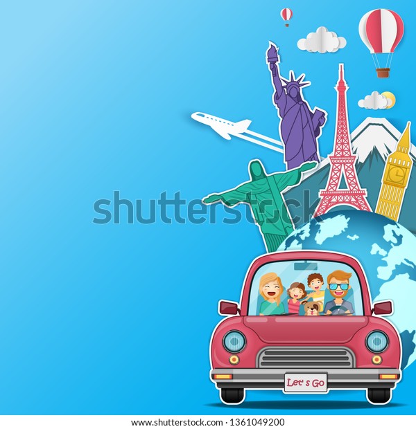 happy woman and man traveler and dog on red car\
with check in point travel around the world concept on blue\
background Design. Top world famous landmark. content paper art,\
vector, banner, Card,