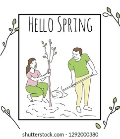 Happy woman and man volunteers planting tree and digging hole with shovel in park.  People characters and ecology vector illustration.  Woman holding seedling in hers hand, other digging using shovel.