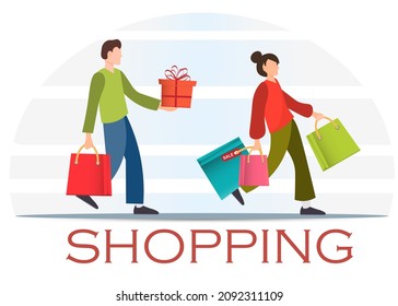 Happy Woman And Man Walking With Shopping Bags And Presents On Plain Background, Shopping Concept, Flat Vector Illustration