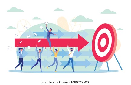 Happy Woman Manager Sitting on Arrow Held by Workers Flat Cartoon Vector Illustration. Falling Documents. Achieving Goal or Aim. Successful Teamwork in Company. Business Hard Work.