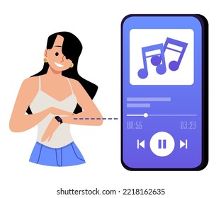Happy woman managing music player on phone with smart watches, flat vector illustration isolated on white background. Character listening music thorog player on modern smartwatches. svg