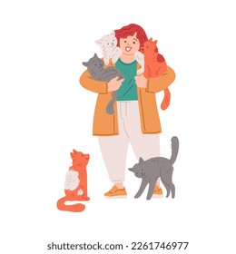 Mujer feliz con muchos gatos diferentes alrededor del estilo plano, ilustración vectorial aislada en fondo blanco. Cuidados de mascotas, animales domésticos, mujeres sonrientes abraza gatos