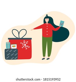 Happy woman with many gift boxes and check list done. Hand drawn flat illustration for Christmas and New Year design.