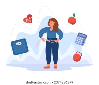 Happy woman measuring waist with tape vector illustration. Healthy food, fruits, fitness exercises with dumbbell helping lose inches and achieve goal. Health care, beauty routine concept