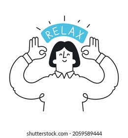 Happy woman meditating. Concept of yoga, meditation, relax, recreation, zen, healthy lifestyle. Outline, linear, thin line, doodle art. Simple style with editable stroke.