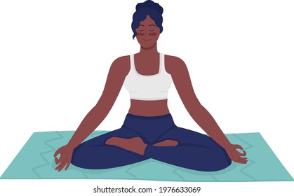 Happy woman meditating flat color vector detailed character. Indian girl in asana position. Zen and mindfulness. Yoga for wellness isolated cartoon illustration for web graphic design and animation