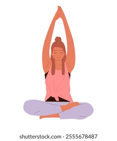 Happy woman meditating in lotus posture Flat vector illustration isolated on white background. Yoga zen and meditation practice. Balance, harmony and mindfulness, calmness concept.