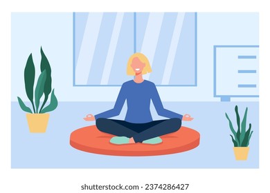 Mujer feliz meditando en la ilustración del vector del piso. Persona enfocada en hacer yoga en el cojín, practicar silencio y atención en el espacio de confort. Meditación, tranquilidad, concepto de bienestar