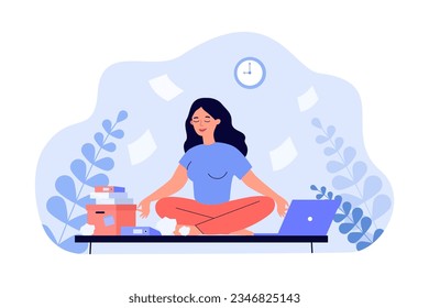 Happy woman meditating on office table vector illustration. Cartoon drawing of worker regulating emotions at workplace or home, sitting on desk. Meditation, mindfulness, psychology, stress concept