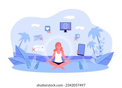 Happy woman meditating without devices vector illustration. Relaxed person enjoying nature on beach, forgetting about messages, smartphone, social media and likes. Digital detox, nature concept