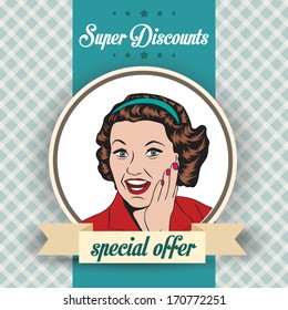 happy woman with message, commercial retro clipart illustration