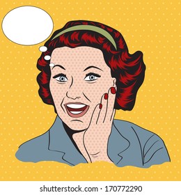 happy woman with message, commercial retro clipart illustration