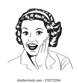 happy woman with message, commercial retro clipart illustration