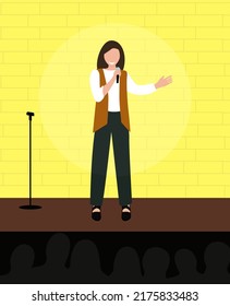 Happy Woman With Microphone Flat Vector Illustration. Stand Up Comedy Club Concept Flat Vector. Female Stand Up Comedian Flat Character